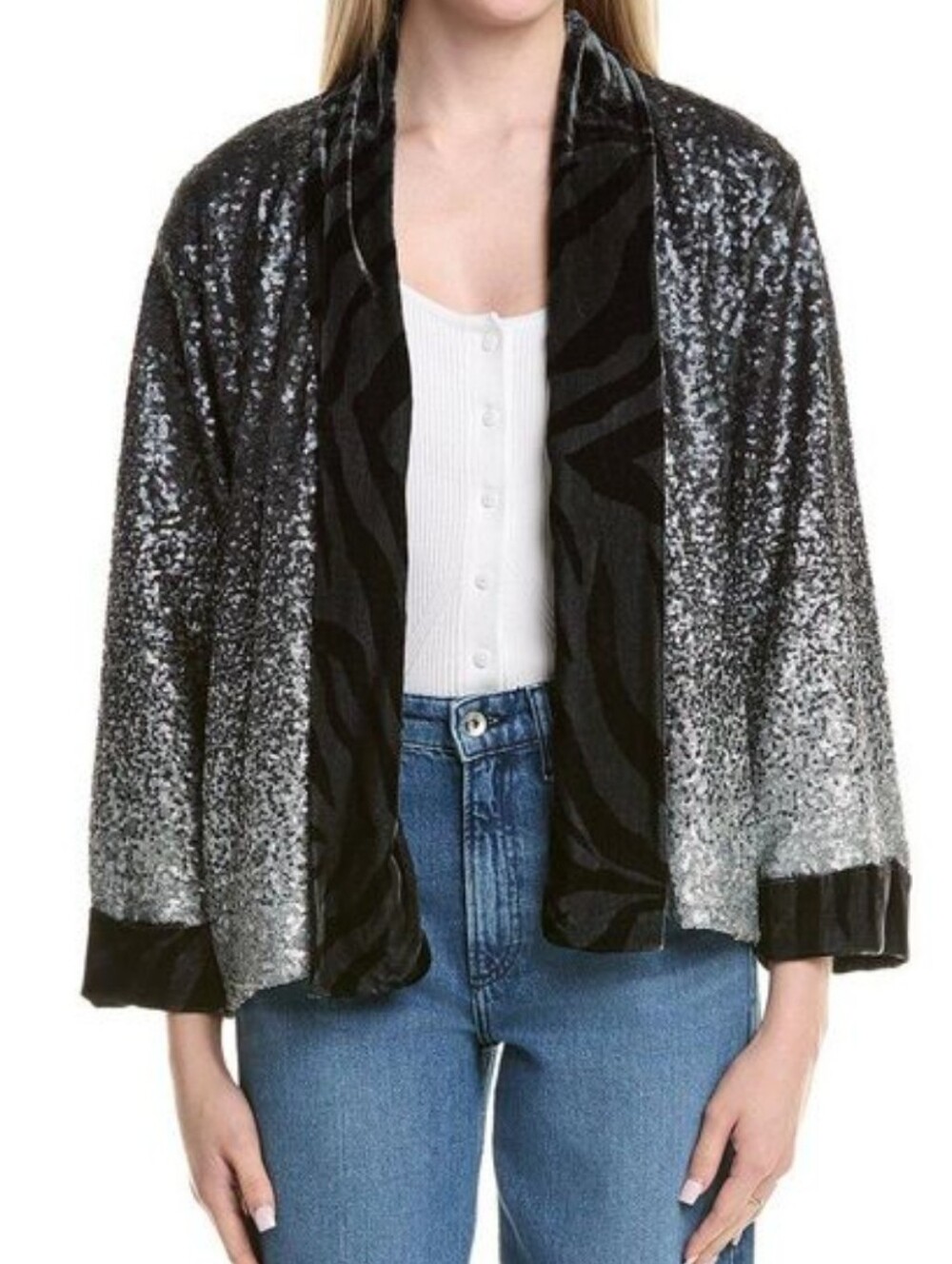 NWT Johnny Was Sequin Plaza Kimono In Black/Silver Size Medium